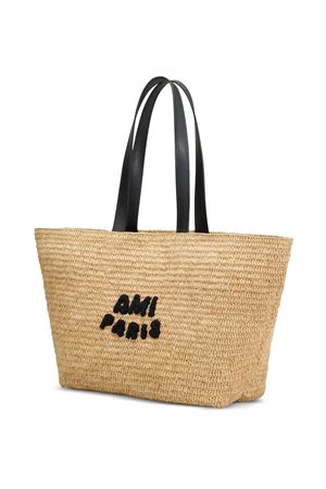 Beige Leather Raffia Tote Bag AMI | ULL033AW0077113